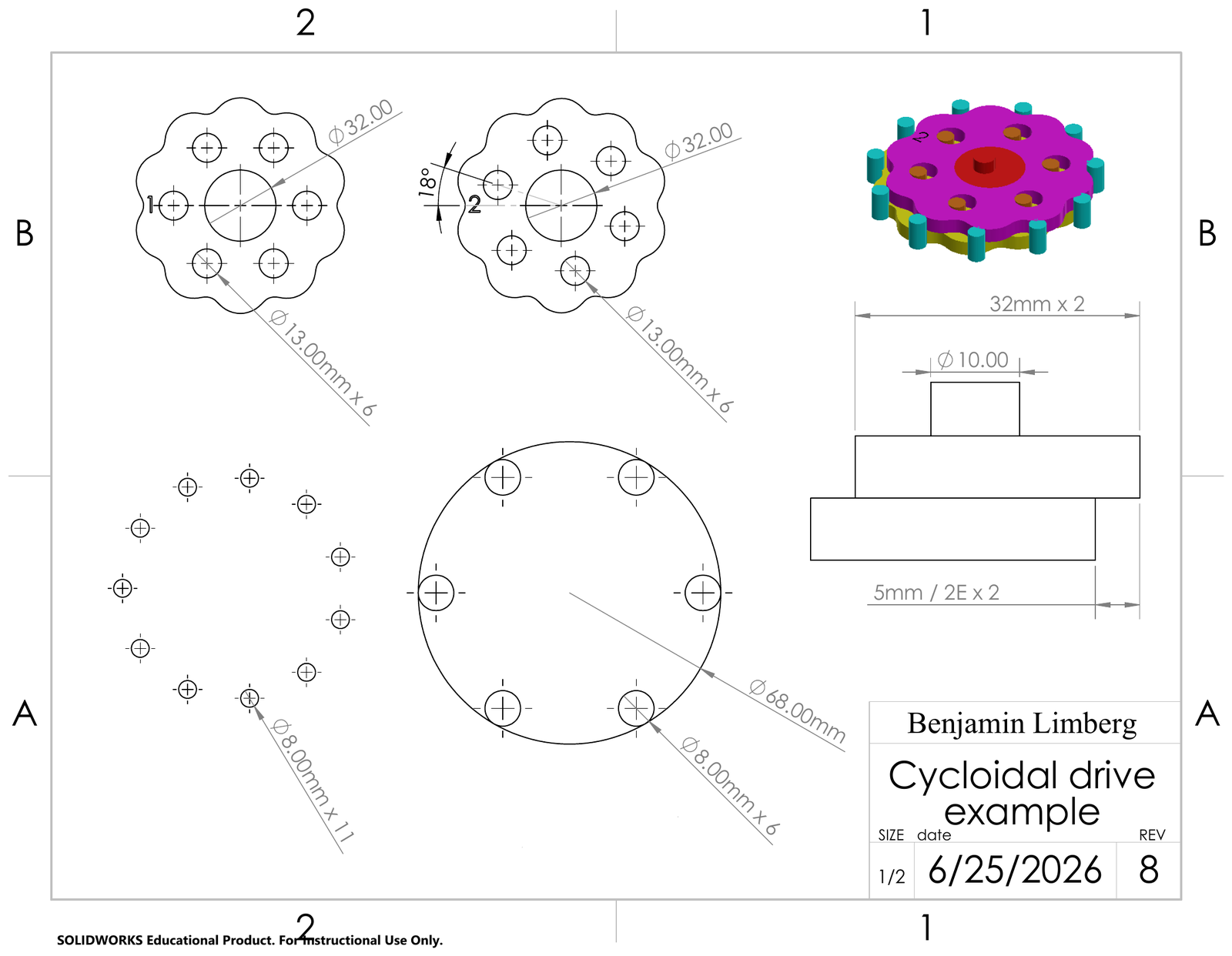 Dimensioned engineering drawing of an example cycloidal drive